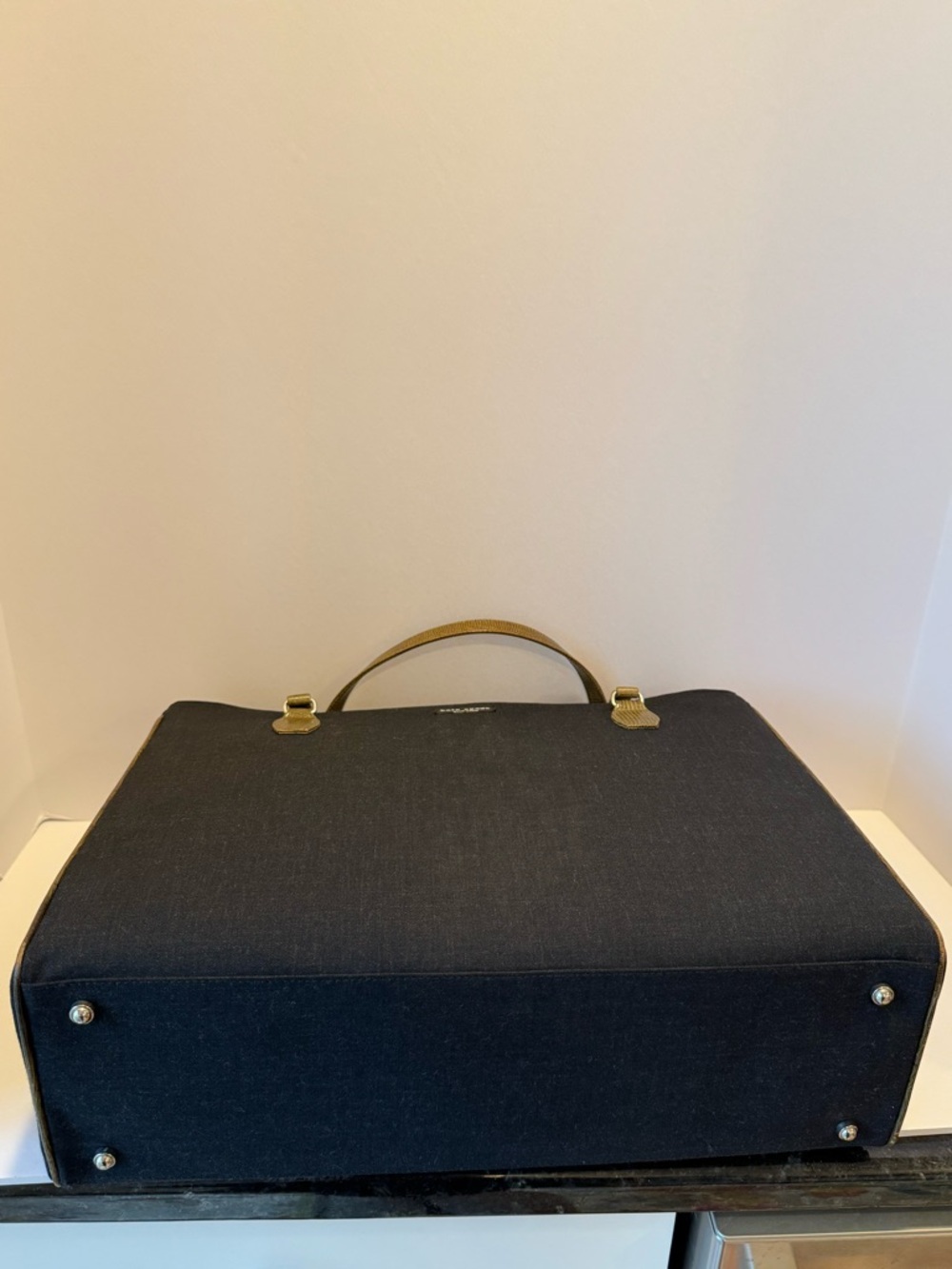 Vintage Kate Spade Black Linen Tote with Olive Lizard-Embossed Handles - Picture 6 of 7
